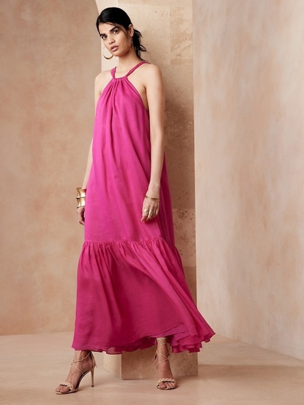 Banana Republic Fino Ramie Fuchsia Halter Neck Maxi Dress